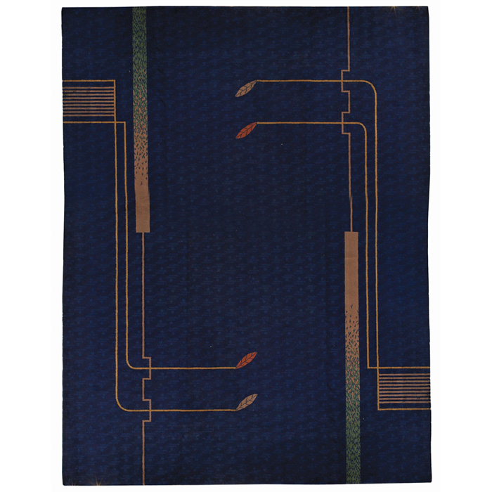 Appraisal: Unusual American Art Deco rug navy field with apricot and