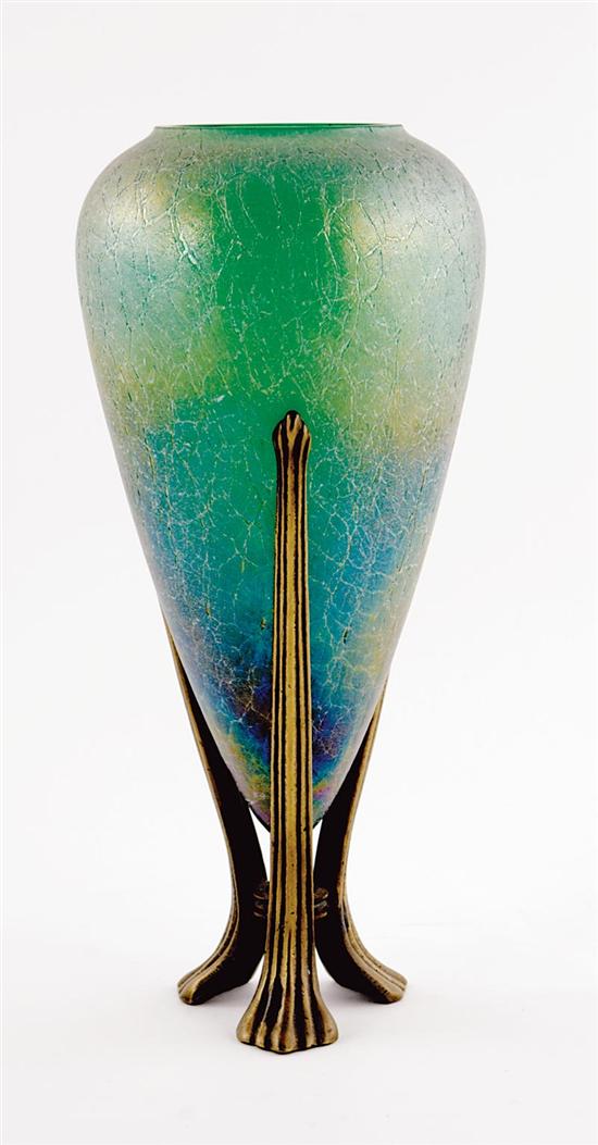 Appraisal: Art Deco art glass amphora vase on stand crackle iridescent