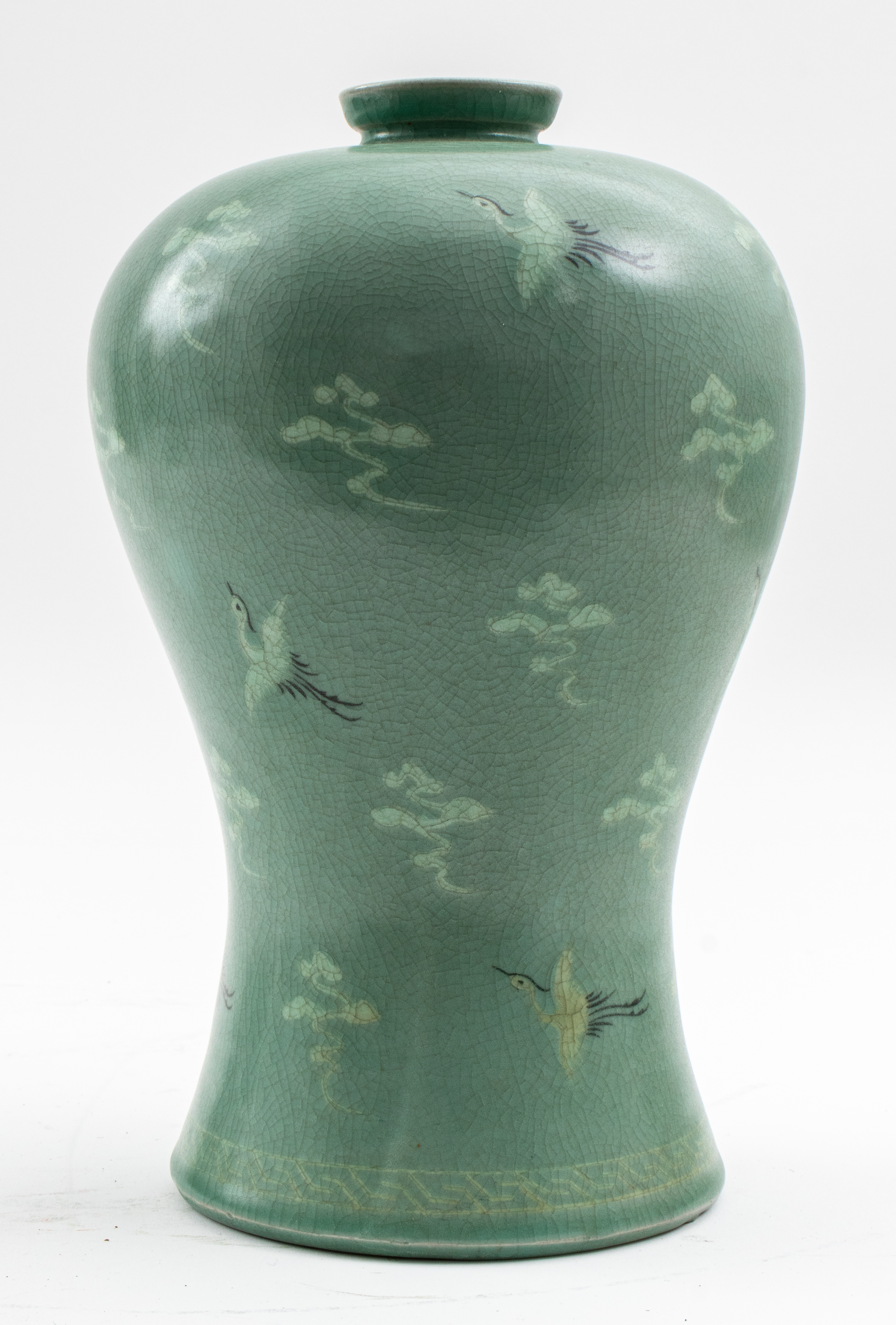 Appraisal: KOREAN CELADON PORCELAIN PLUM VASE WITH CRANES Antique Korean celadon