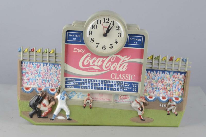 Appraisal: Coca Cola Molded Baseball Theme Clock This battery operated wall