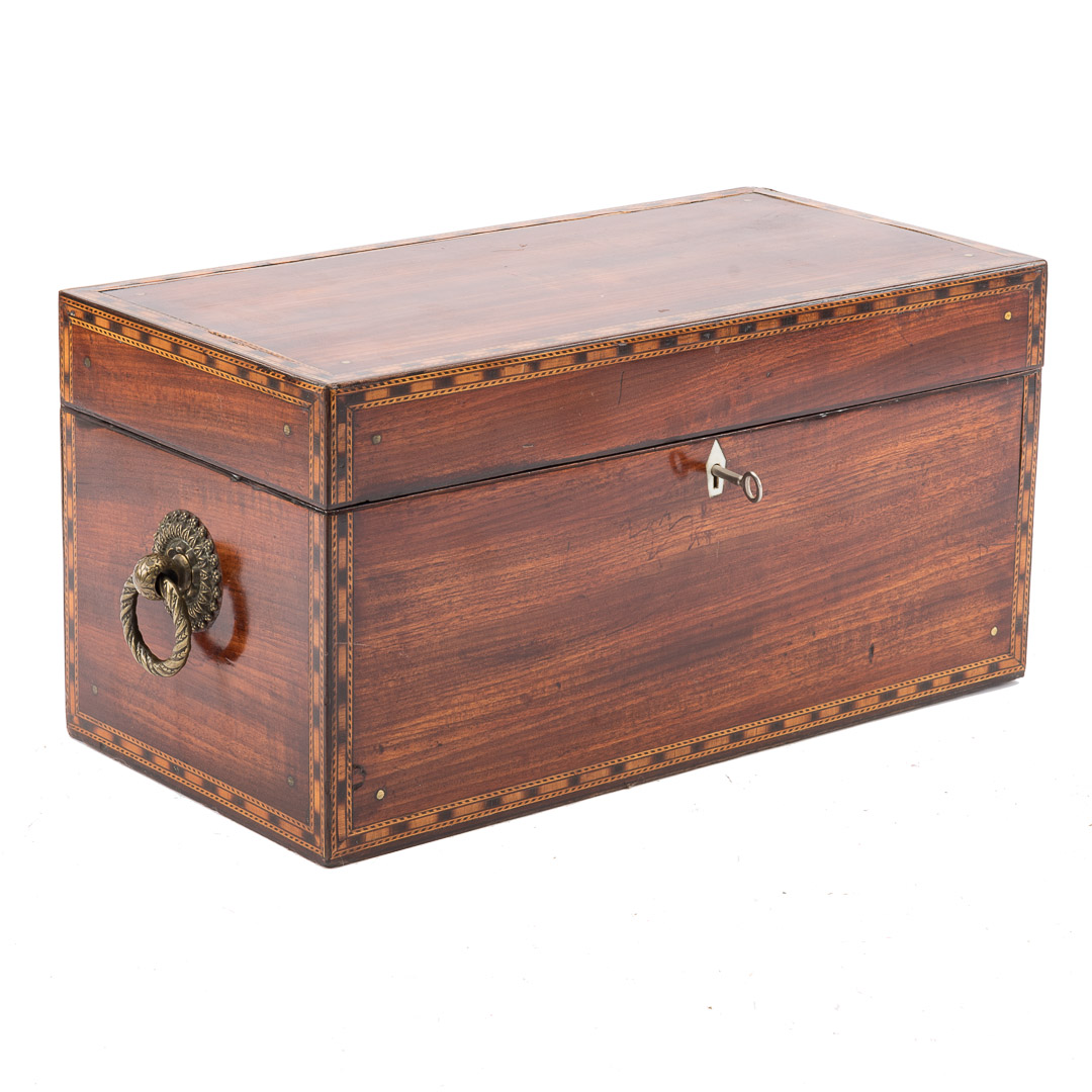 Appraisal: Regency mahogany inlaid tea caddy circa with banded inlay elaborate