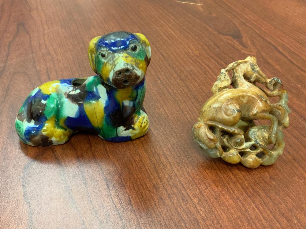 Appraisal: Chinese Sancai-Type Glazed Figure of a Dog and a Carved