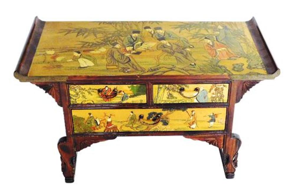 Appraisal: ASIAN Small chest with hand-painted figural decoration th C mahogany