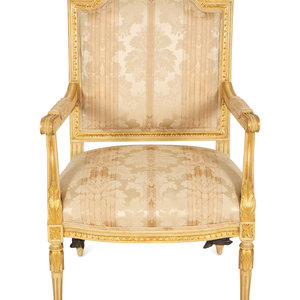 Appraisal: A Louis XVI Style Giltwood Fauteuil th Century Height x