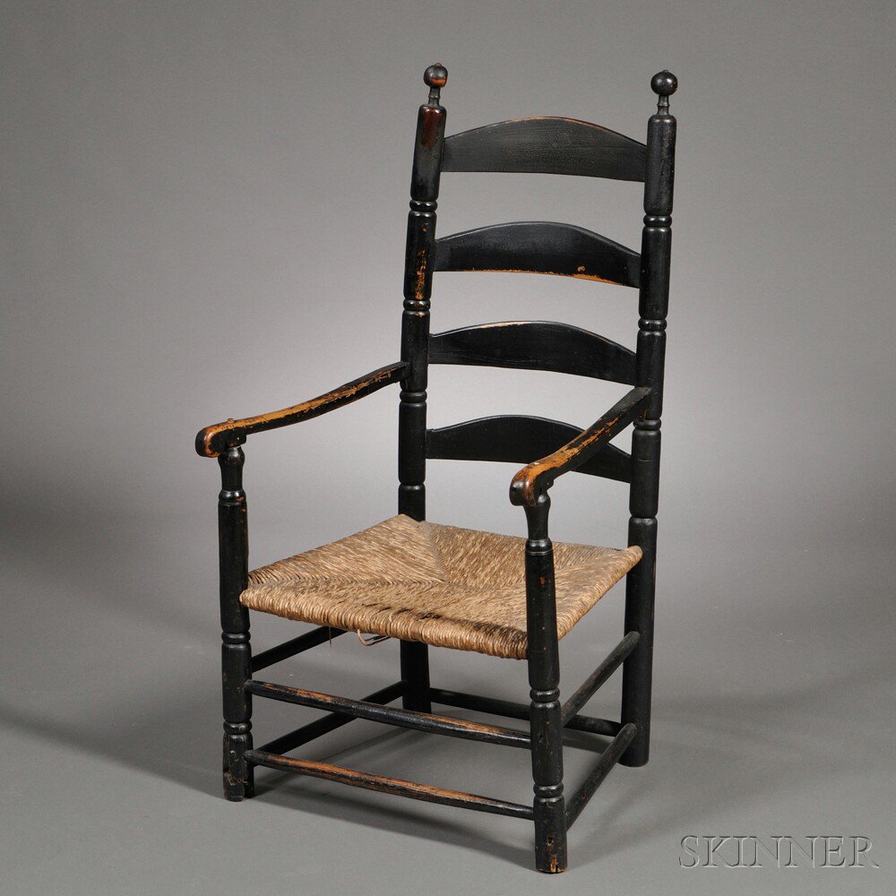 Appraisal: Black-painted Ladder-back Armchair New England th century the four shaped