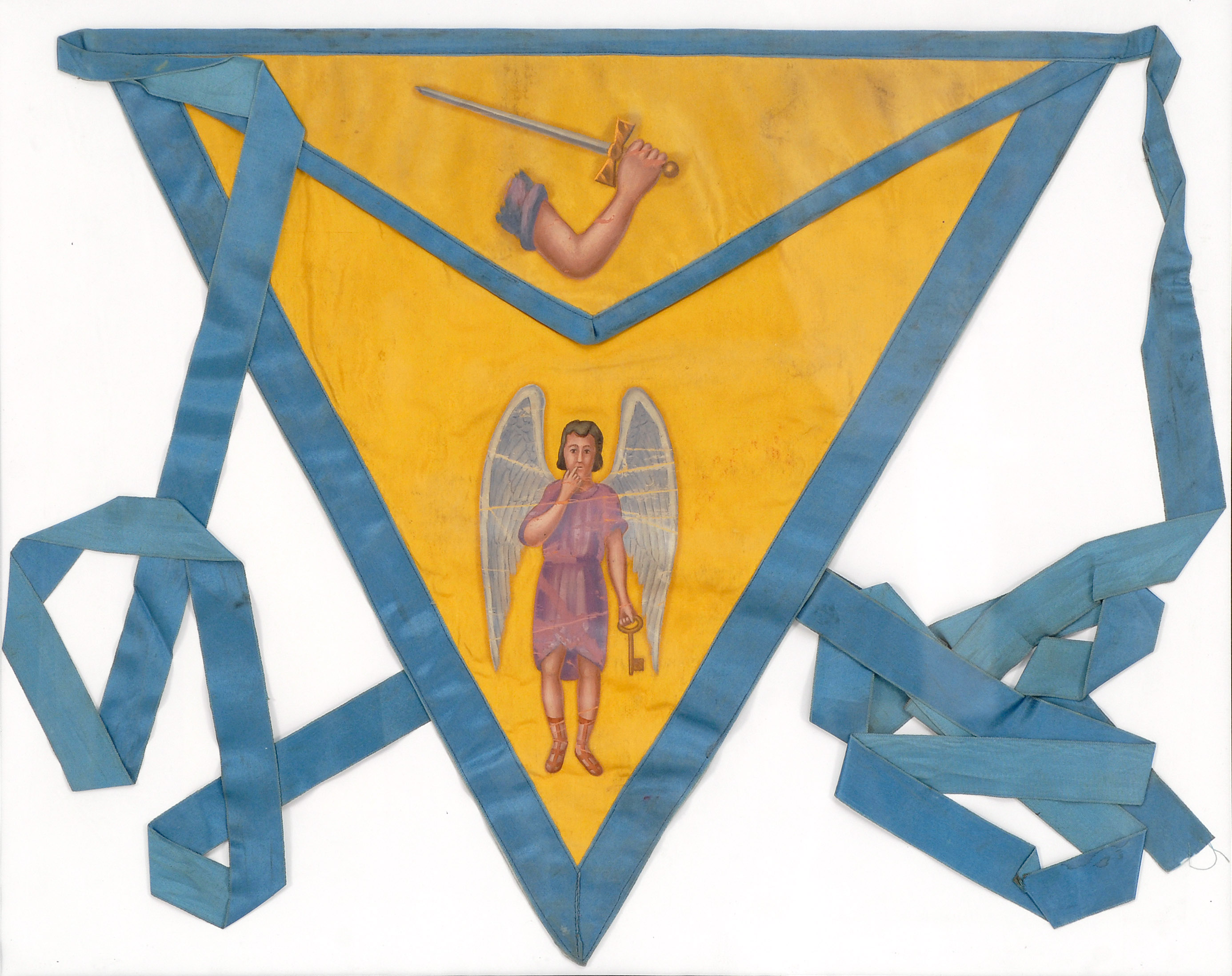 Appraisal: TWO FRAMED MASONIC APRONS Both triangular with painted decoration th