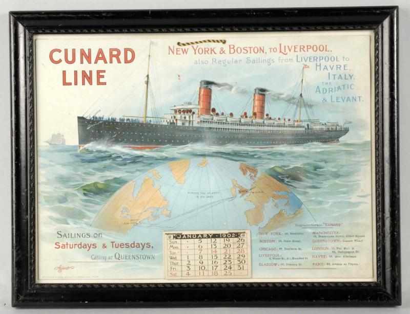 Appraisal: Framed Cunard Line Ship Calendar Description Beautiful image of the