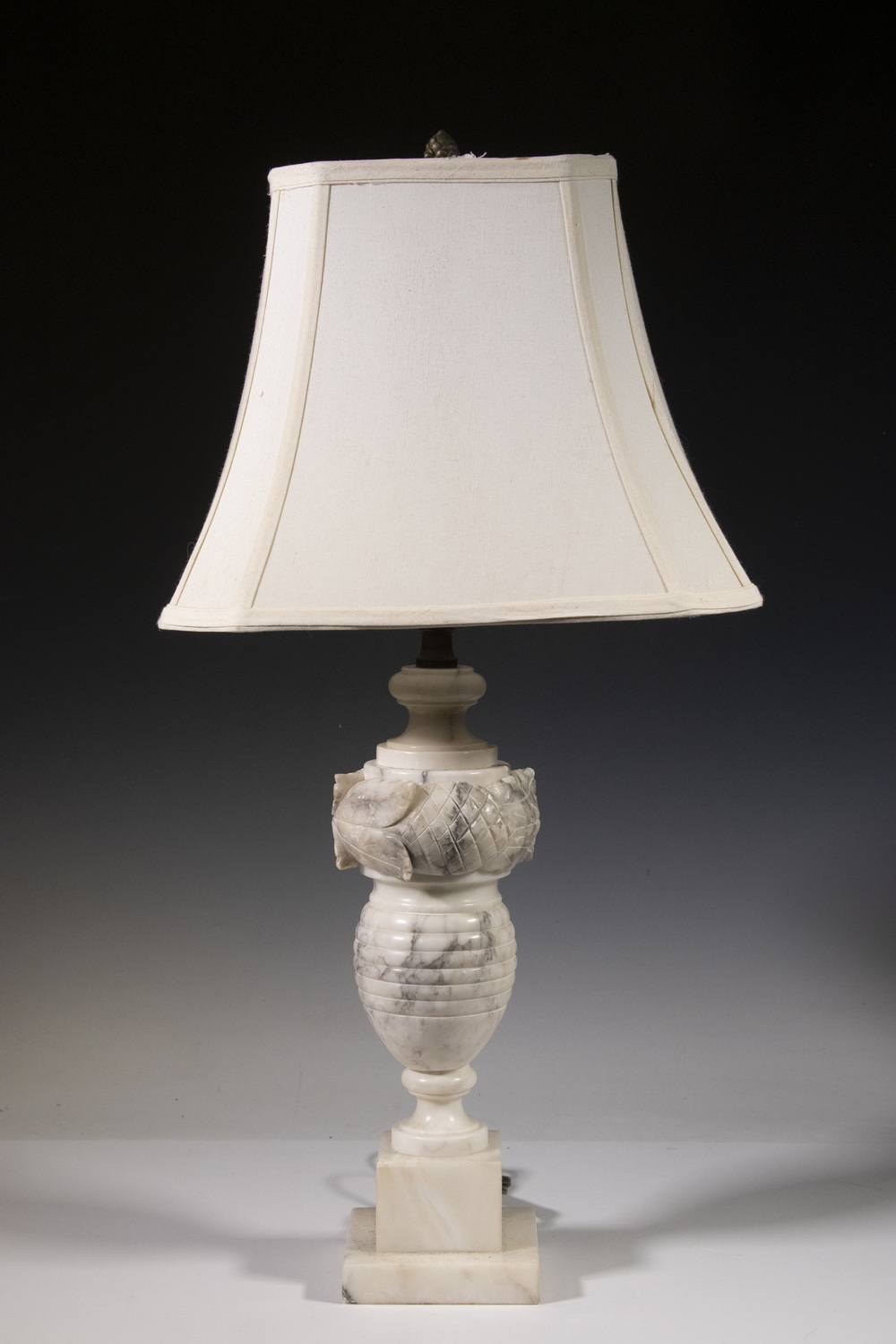 Appraisal: CARVED WHITE MARBLE URN FORM TABLE LAMP WITH SILK SHADE