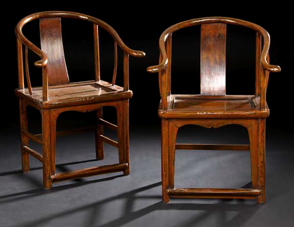 Appraisal: Pair of Chinese Lacquered Rosewood Horseshoe Armchairs early th century