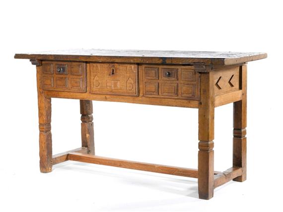 Appraisal: CENTER TABLE Baroque Spain Oak H-shaped stretcher replaced x x