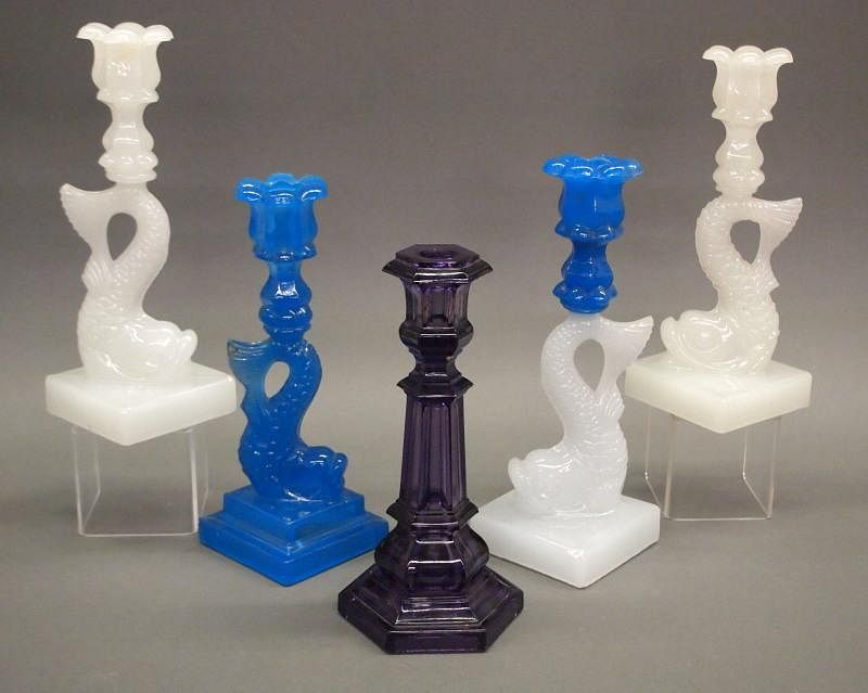 Appraisal: EAPG candlesticks Five mid th century pressed glass candlesticks including