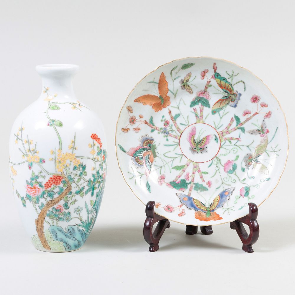 Appraisal: Chinese Famille Rose Porcelain Vase and a Plate The vase