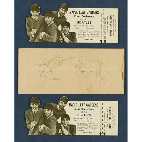 Appraisal: The Beatles Pair of Press Passes with Autographed Envelope Maple