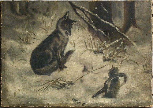 Appraisal: Oil on canvas winter landscape ca with fox x