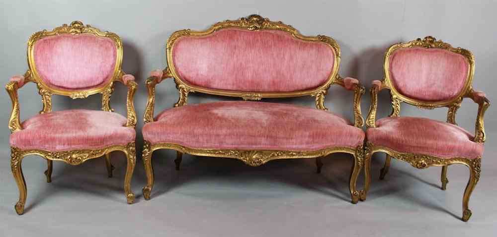 Appraisal: LOUIS XV STYLE GILTWOOD CANAPE WITH TWO ARMCHAIRS ENSUITE UPHOLSTERED