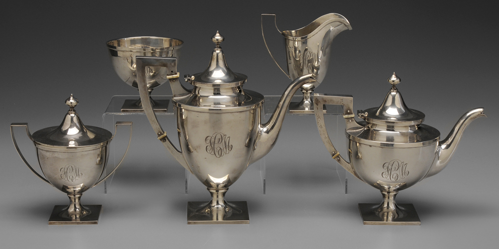 Appraisal: Five-Piece Schofield Sterling Tea Service American urn forms with squared