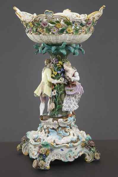 Appraisal: Meissen porcelain figural centerpiece on stand the reticulated compote raised