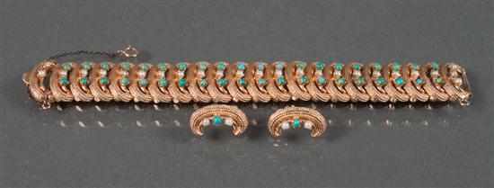 Appraisal: Lady's K gold turquoise and pearl flexible link bracelet and