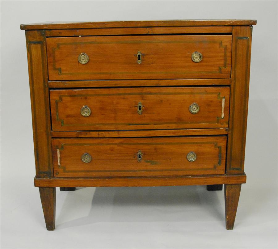 Appraisal: DIMINUTIVE ITALIAN INLAID FRUITWOOD THREE DRAWER CHEST OF DRAWERS height