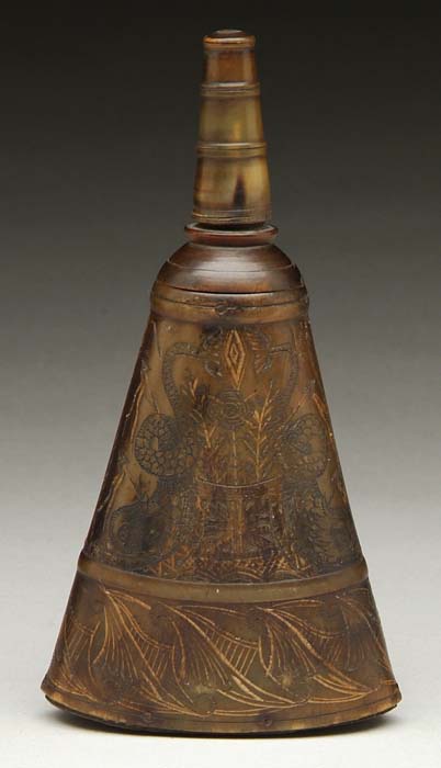 Appraisal: FINE ENGRAVED HORN POWDER FLASK Tapered triangular shape flask has