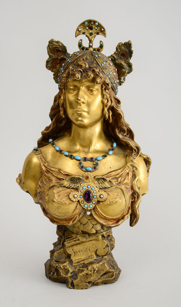 Appraisal: ART NOUVEAU TURQUOISE AND GLASS-MOUNTED GILT-BRONZE BUST OF SALAMMB AFTER