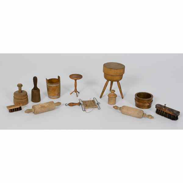 Appraisal: Miniature Wooden Ware An eleven-piece assembled group of wooden ware