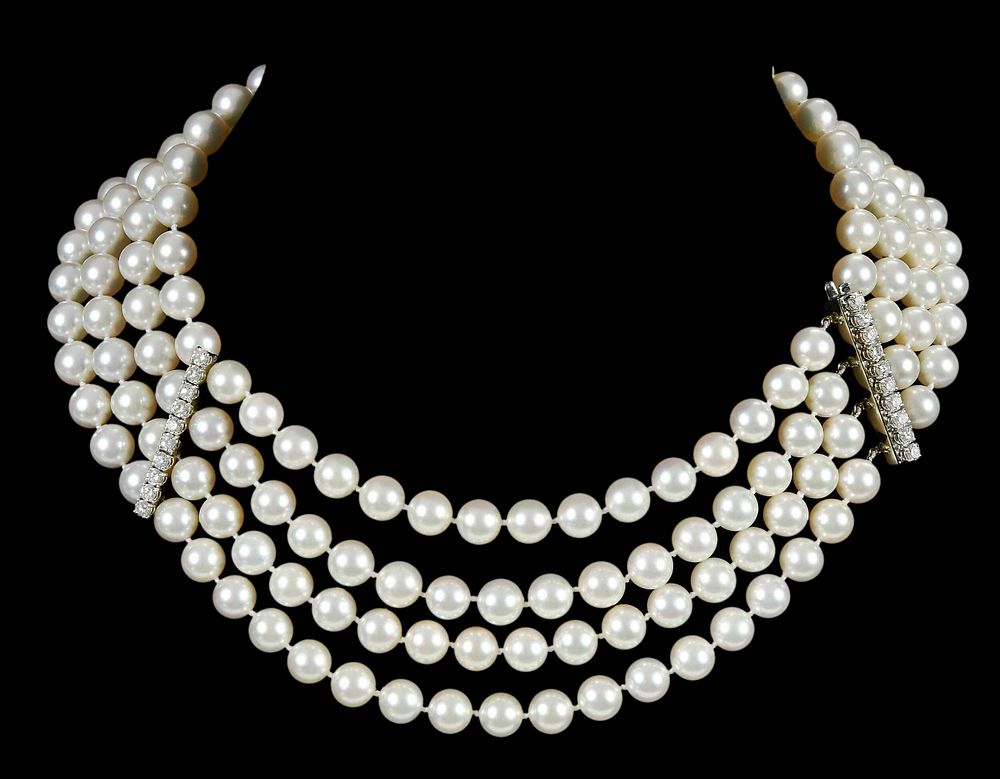 Appraisal: kt Pearl and Diamond Necklace custom made knotted four strands