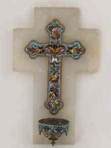 Appraisal: A cloisonne enamel brass cross and stoup mounted on white