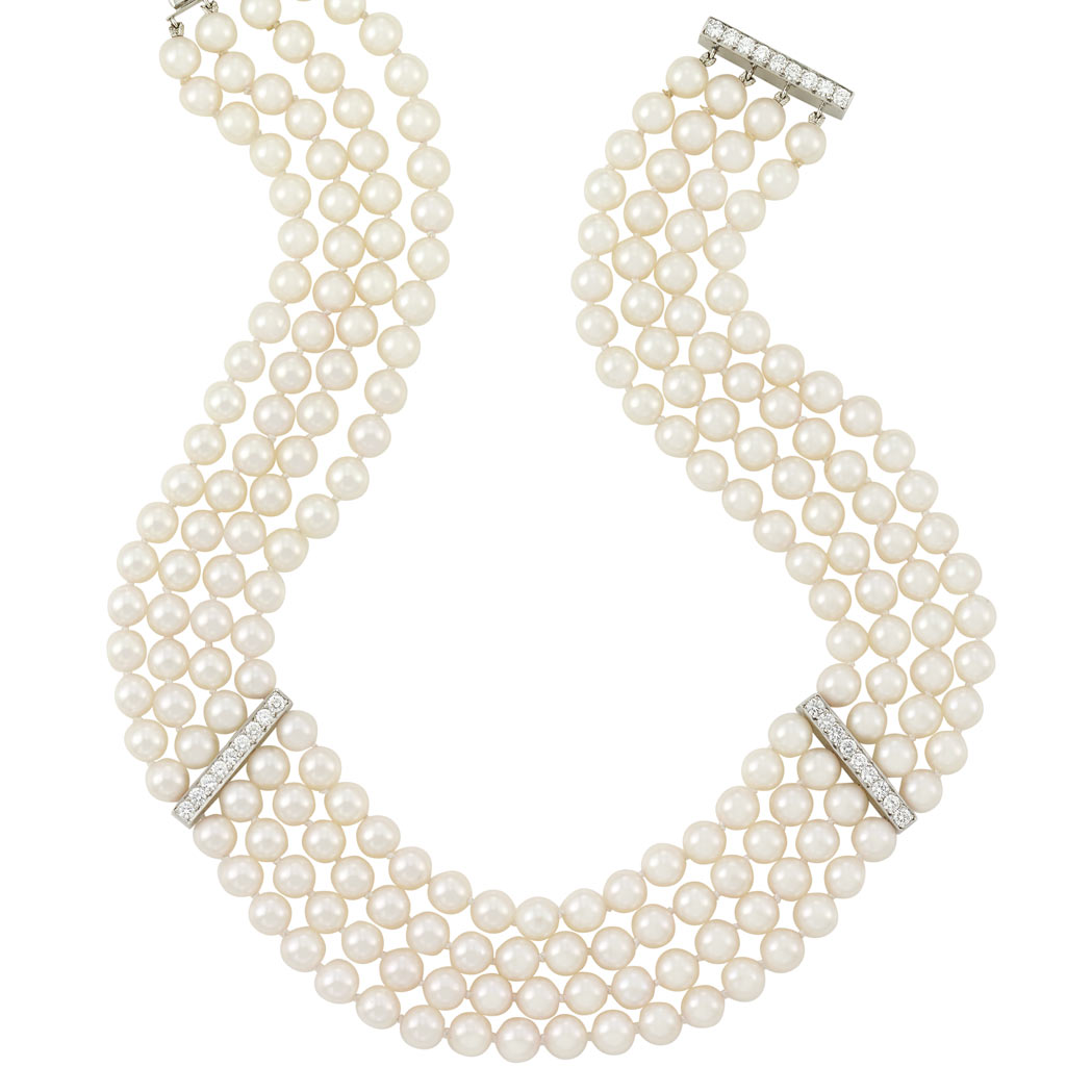 Appraisal: Multistrand Cultured Pearl White Gold and Diamond Choker Necklace Pearls