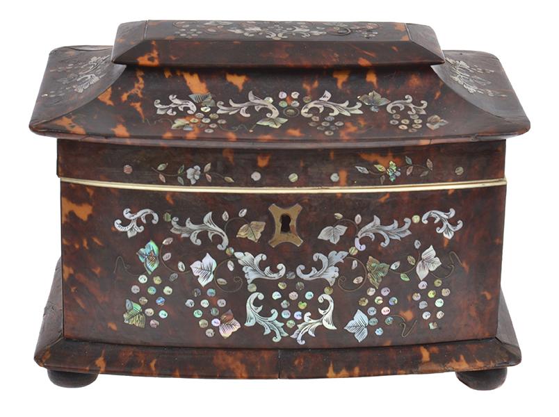 Appraisal: A VICTORIAN TORTOISESHELL TEA CADDY WITH MOTHER OF PEARL INLAY