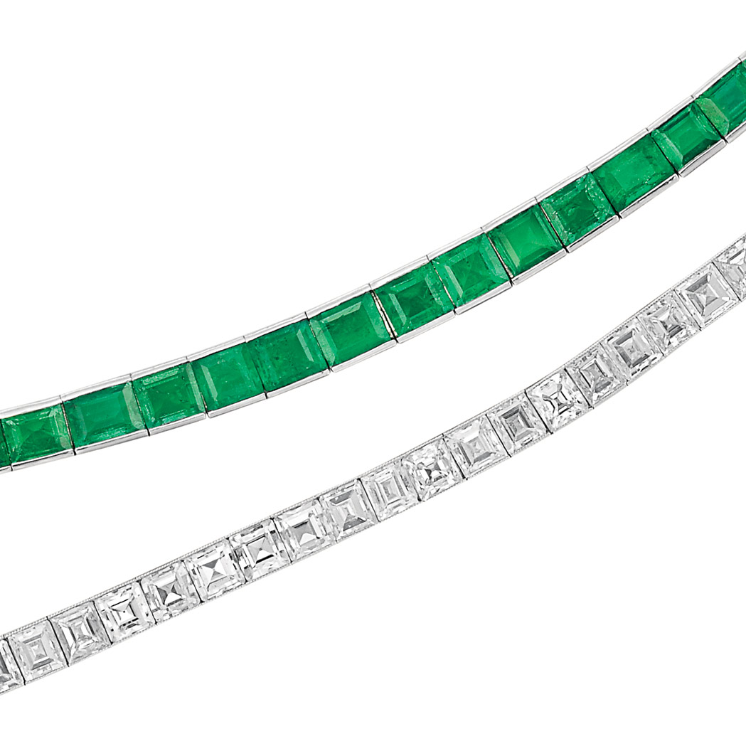 Appraisal: Two Platinum Diamond and Emerald Straightline Bracelets The straightline bracelet