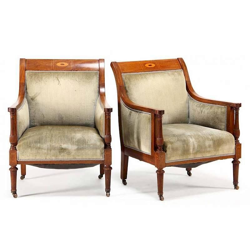 Appraisal: Pair of Edwardian Inlaid Arm Chairs circa mahogany crest with