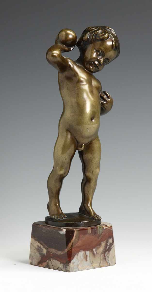 Appraisal: Eduard Weber B Bronze Sculpture Sgn Weber Boy holding ball