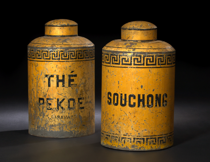 Appraisal: Large Pair of French Yellow Tole-Peinte Covered Tea Merchant's Canisters