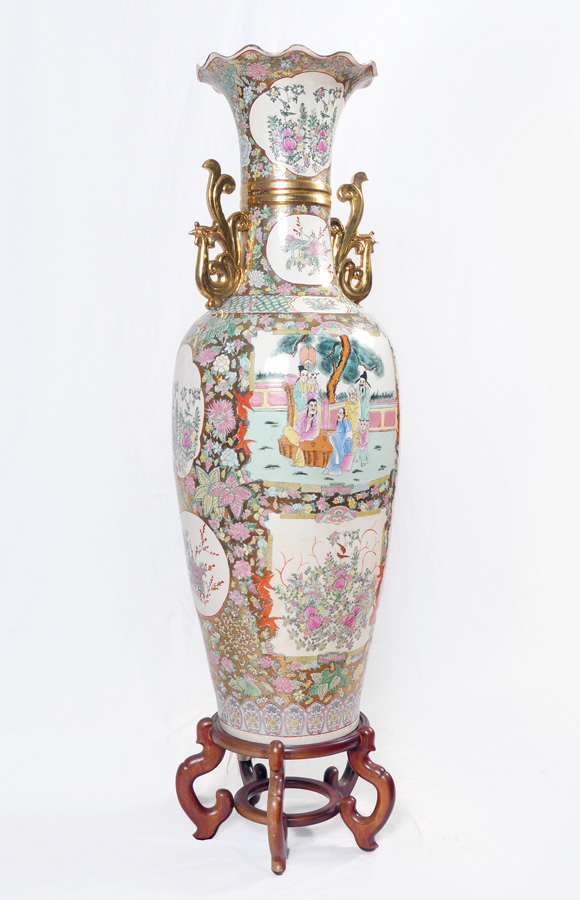 Appraisal: CHINESE ROSE MEDALLION FLOOR VASE STAND Palatial floor vase with