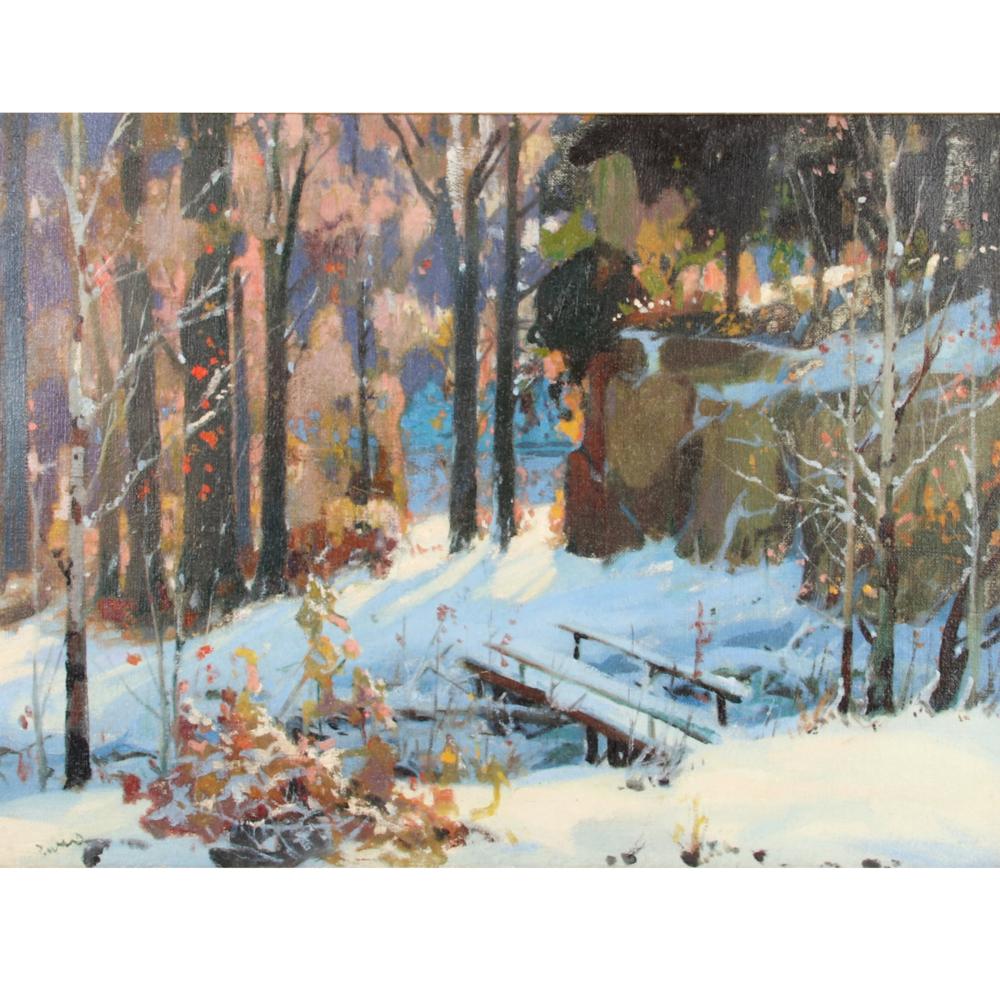 Appraisal: JOHN ZWARA INDIANA HUNGARY - SNOW COVERED CREEK BRIDGE OIL