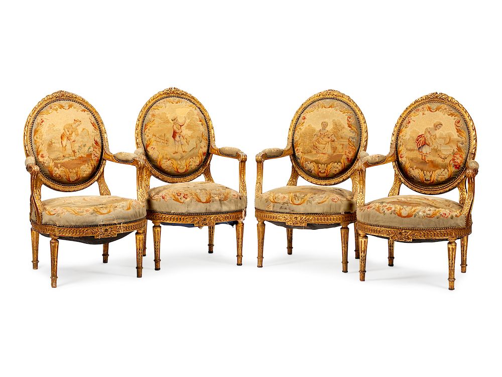 Appraisal: A Set of Four Louis XVI Style Aubusson Tapestry Upholstered