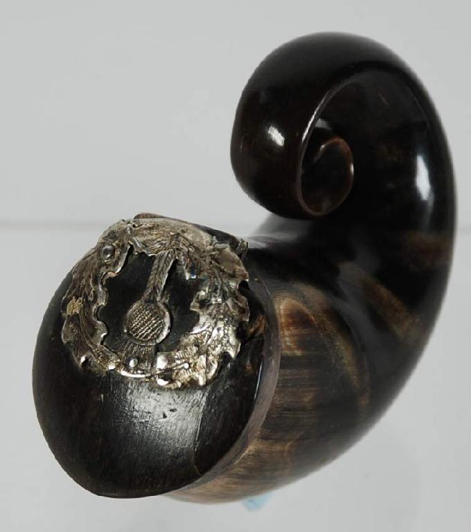 Appraisal: PROBABLY NINETEENTH CENTURY SCOTTISH HORN SNUFF MULL with silver mounts