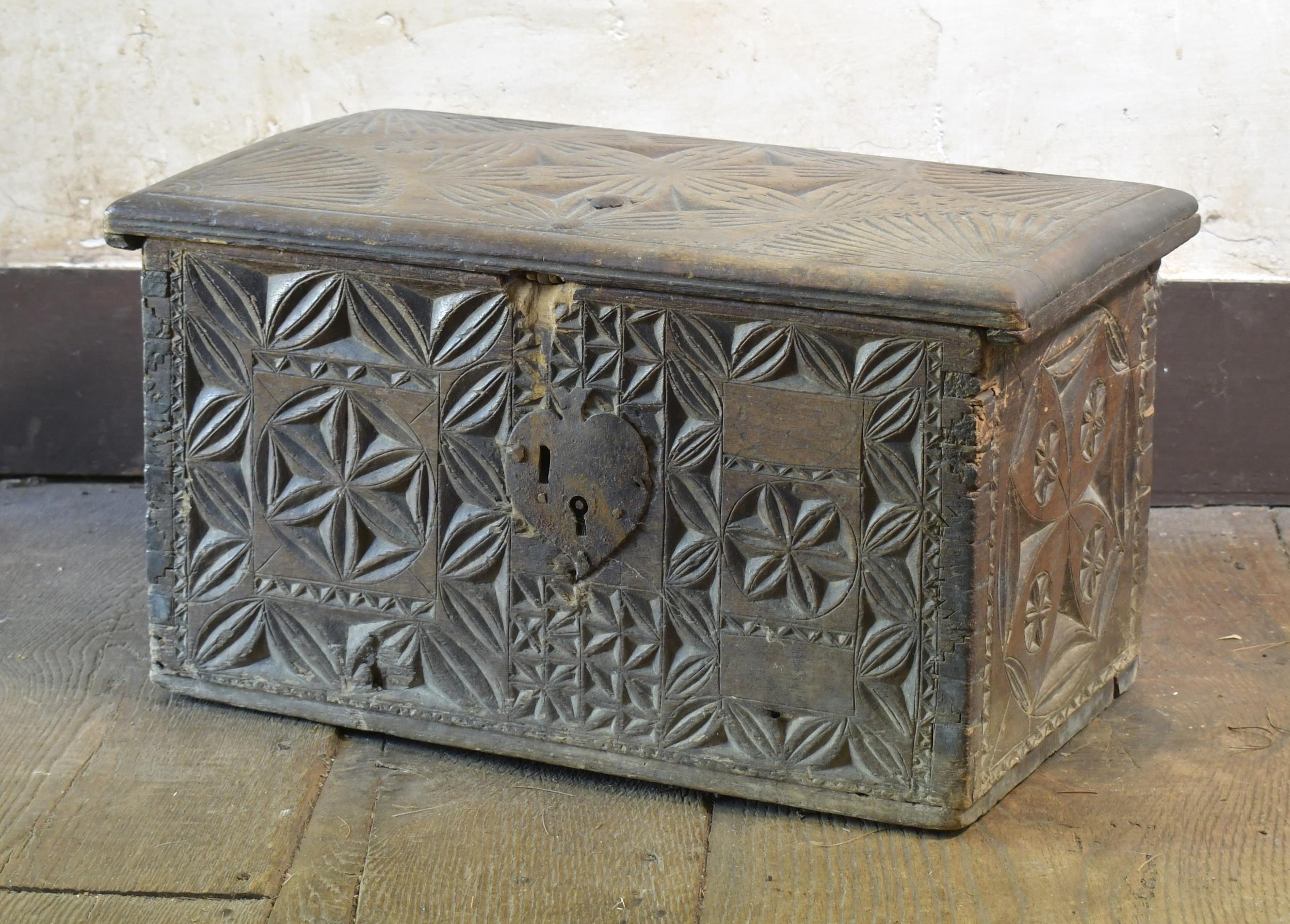 Appraisal: EARLY TH C CARVED PINE BOX Likely American snipe hinged