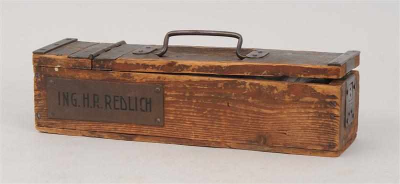 Appraisal: METAL MOUNTED PINEWOOD TOOL BOX With drop handle and plaque