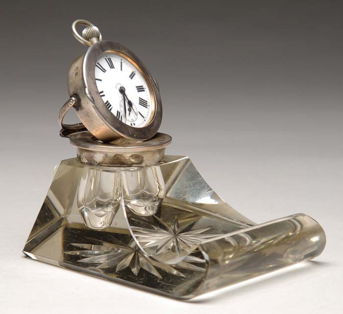 Appraisal: INTERESTING STERLING AND GLASS DESK CLOCK TOPPED INKWELL The clear