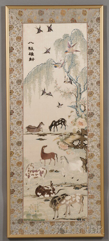 Appraisal: Embroidered Panel Depicting Horses China late th th century the