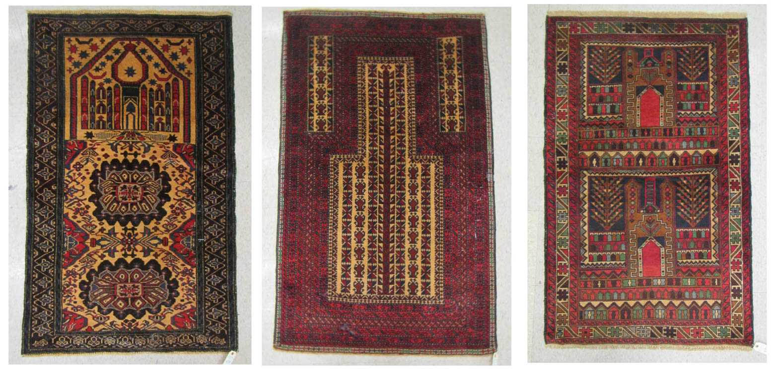 Appraisal: THREE AFGHANI TRIBAL PRAYER RUGS hand knotted sizes ' x