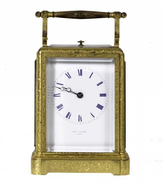 Appraisal: A FRENCH GILT BRASS CARRIAGE CLOCK the enamel dial signed