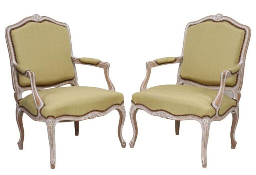 Appraisal: pair French Louis XV style armchairs th c whitewashed frame