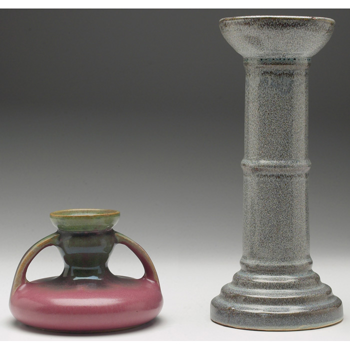 Appraisal: Fulper candlestick low double handled shape covered in a pink