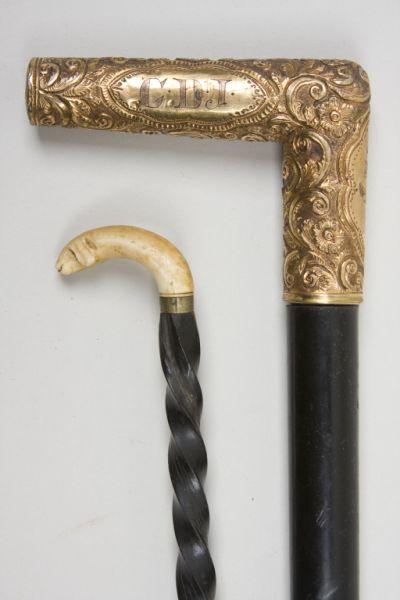 Appraisal: Gold Handled Cane Ivory Tipped Crop ebony shafts for both