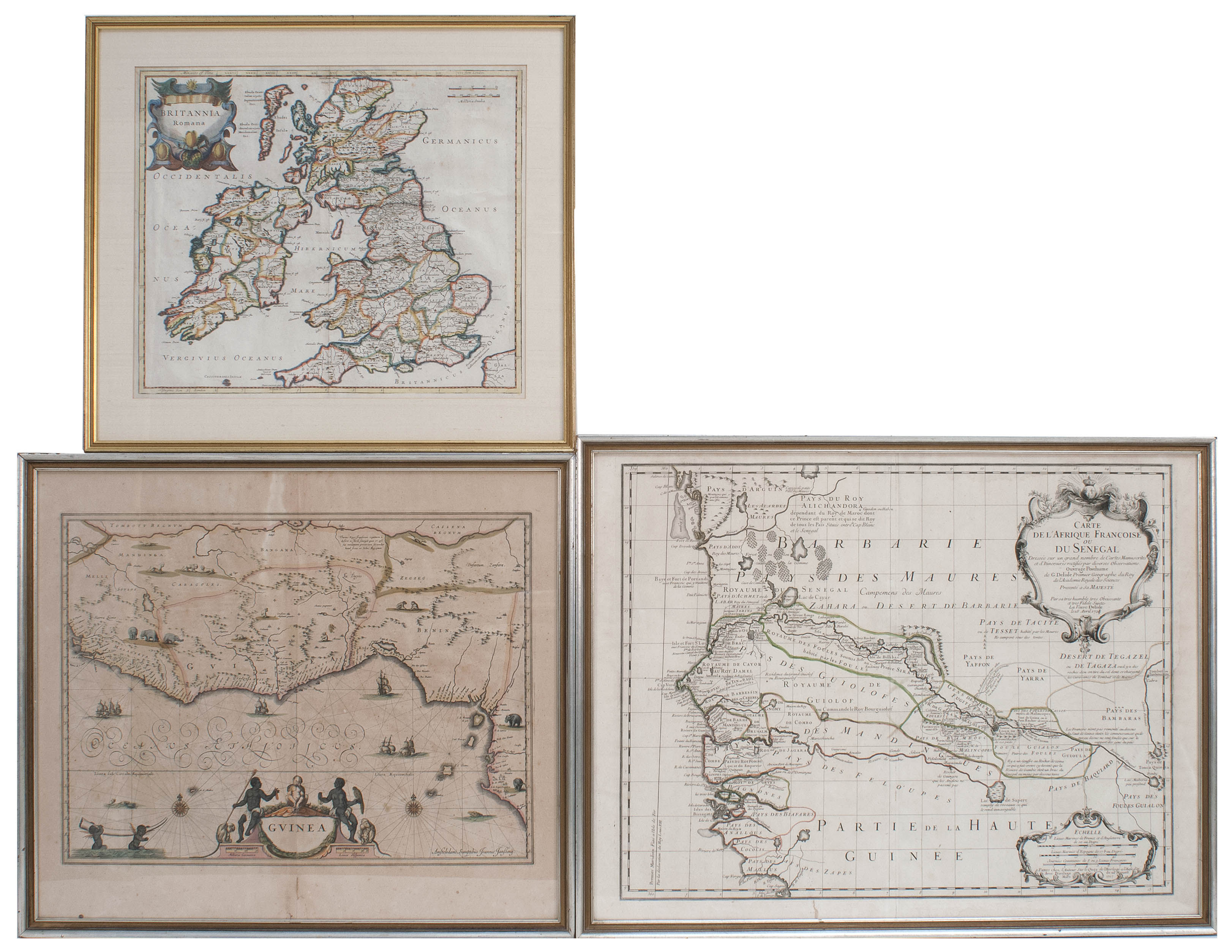 Appraisal: THREE FRAMED MAPS Late th Early th CenturyBritannia Guinea and