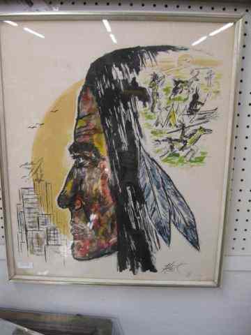 Appraisal: H West Lithograph Indian reflectingon changes image area '' x