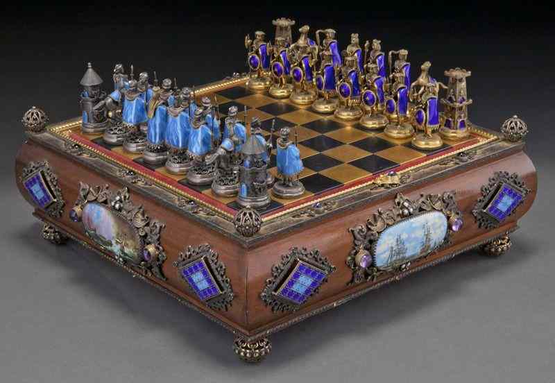 Appraisal: Austro-Hungarian silver and gilt metal chess setwith enamel and bejeweled